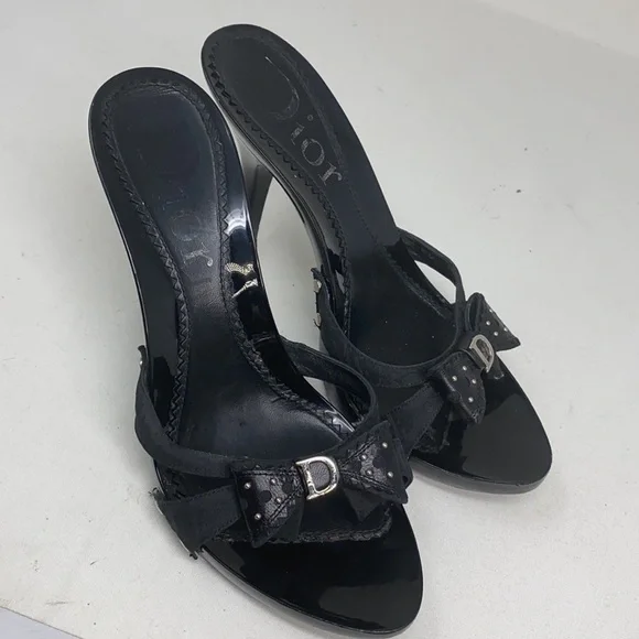 Dior Sz 37 Black Logo High Heel Sandals Bow Studs - Picture 3 of 16